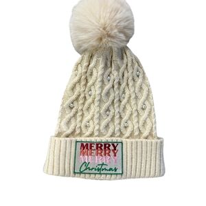Khaki Fur Pom Black Beanie with Pearls - Merry Merry Merry Christmas